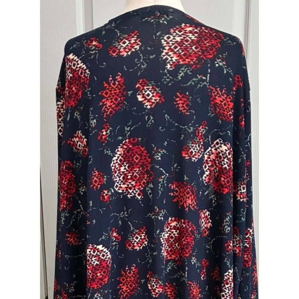 LuLaRoe Joy Duster Vest Womens XL Navy Blue Red Geometric Floral Longline Pocket